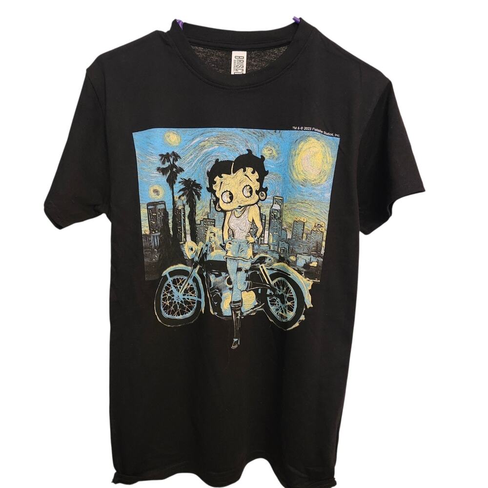 NWOT Betty Boop Black Graphic T-Shirt Sz S Vtg Blue Motorcycle By Brisco Brand